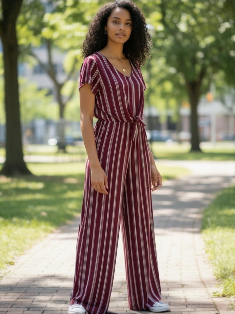 Kristin Nicole Short Sleeve Wide-Leg Jumpsuit Maroon with White Stripes Sz Large